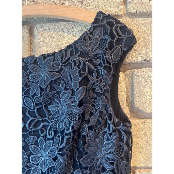 Black Lace Sleeveless A-Line Dress With Floral Overlay - Picture 4 of 9